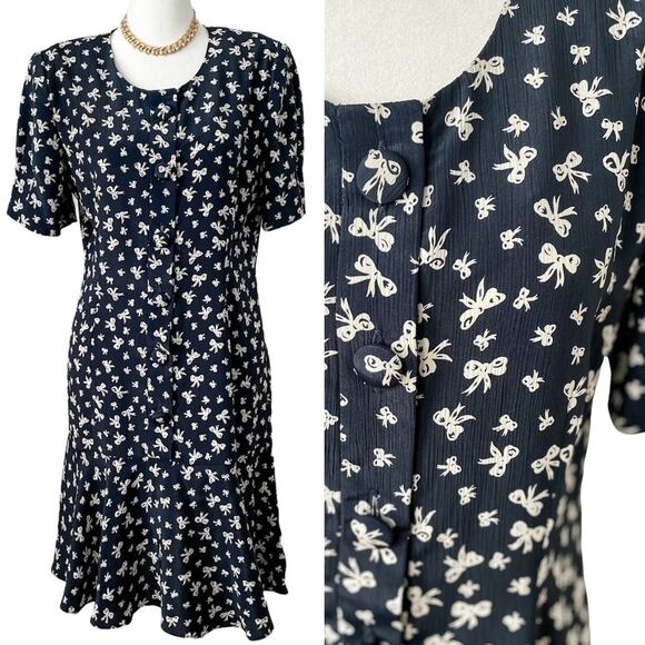 🎀 Vintage Bow Print Drop Waist Flounce Skirt Dress MCM Flapper size S petite 🎀 - Picture 1 of 11